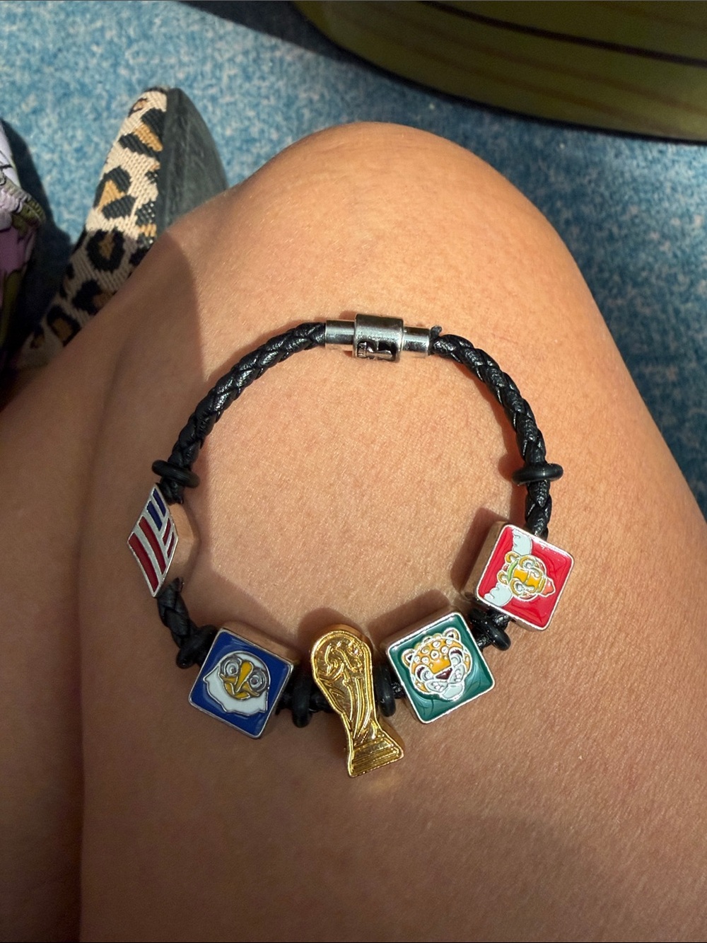 Black Braided Leather Charm Bracelet with Colorful Football World Cup Charms BOA